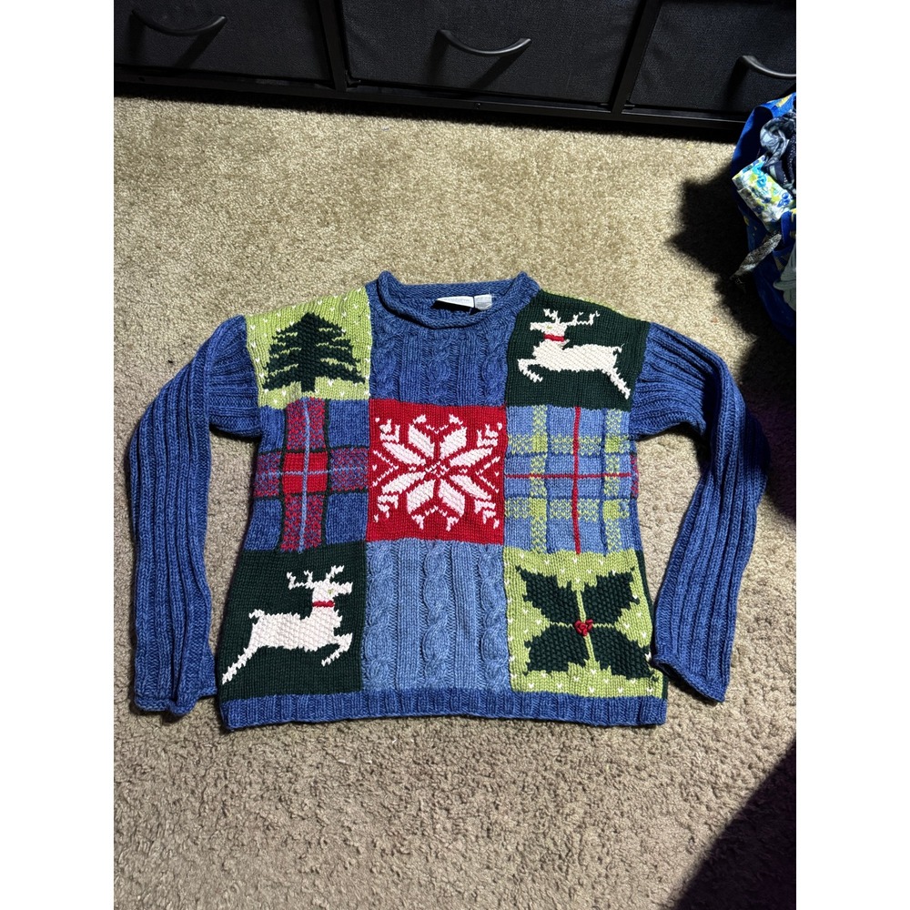 LizClaiborne Lizsport Vintage Christmas Patchwork Reindeer Sweater Blue Womens L - Picture 2 of 6